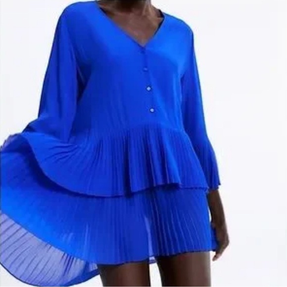 Zara Mini Dress Women Royal Blue Accordion 3/4 Bell Sleeve Tier Pleated Hem - Picture 2 of 9
